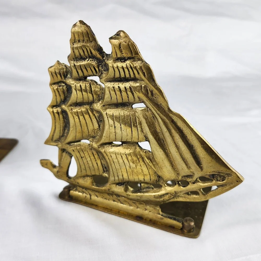 Two VTG Solid Brass Schooners Sailing Ships Nautical MCM Folding Style Bookends